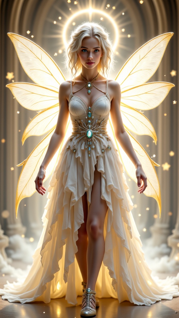 Cosmic, universal. The light of Heaven is with her, no shadow dares approach her. Faery Queen and Archangel in one. Sylph, fairy. Regal, royal, elegant.  Beautiful young face, shining chartreuse green eyes with long blond lashes. Short white-gold hair, side swept on one side forming a beautiful braid in the back of her head, side swept bangs fall over her eyes. Over her head is a halo made of stars, with the center star being the brightest. Elvish ears. Delicate model face with glossy pink lips.  A white lace collar with a diamond at the center around her neck. She wears a white pearlescent royal long sleeved tiered gown, embedded with crystals, a silver belt with diamonds around her waist. The tiered bottom half of her dress is shorter on the sides, revealing long lovely legs. On her back is an enormous, over-sized pair of dragonfly wings, translucent and iridescent with all the colors of the rainbow/spectrum. She wears a pair of silver high heels with silver gladiator straps. She leaves a cloud of glitter wherever she flies. She shines with a silver light/aura, she radiates light and power. Full body pose, opening a portal to Heaven and entering the light... 