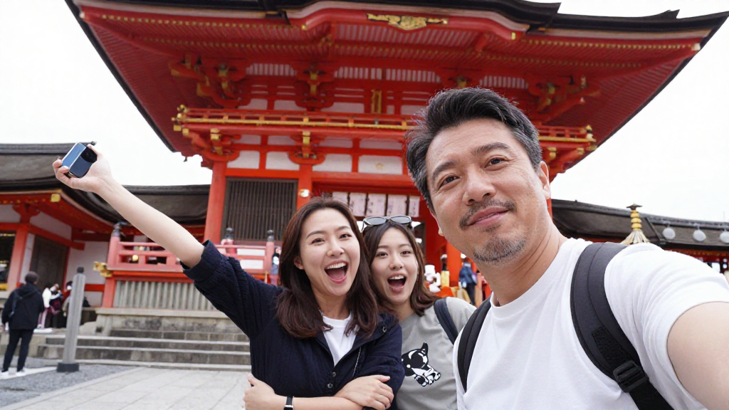 Wide-angle group selfie, man IMG1.jpg in his usual attire (same clothes as IMG1.jpg), natural daily grooming, spontaneous natural expression, arm outstretched holding a smartphone, hugging his waist: woman 1 (facial features identical to lilith4.png) smiling excitedly (same clothes as lilith4.png), inside the famous Japanese temple Kiyomizu-dera (Kyoto), spontaneous natural expression, unposed behind-the-scenes moment, romantic scene atmosphere, ultra photorealistic, 8K, no text, no logos, no watermark.