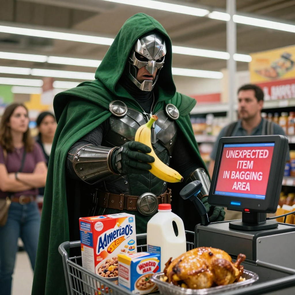 A hyper-realistic, cinematic medium shot of the Marvel supervillain Doctor Doom standing at a crowded supermarket self-checkout kiosk. He is wearing his iconic, highly detailed metal mask and green hooded cloak, but he looks visibly frustrated and defeated. He is holding a single banana in his gauntleted hand, hovering it over the scanner. The checkout screen is flashing a bright red "UNEXPECTED ITEM IN BAGGING AREA" alert.

In his shopping cart, there are mundane items like a family-sized box of Captain Americ-O's cereal, a gallon of milk, Wonder Man Bread, and a rotisserie chicken. The lighting is harsh, unflattering fluorescent supermarket overheads that reflect sharply off his metal mask. In the background, blurry shoppers are staring at him in confusion. The atmosphere is awkward and mundane. High definition, 8k, detailed textures on the armor and fabric.