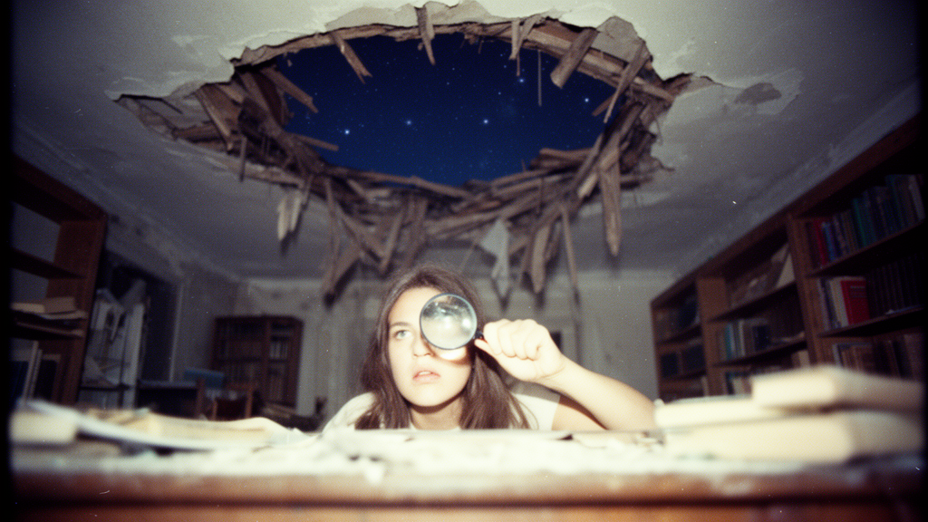 Woman With Magnifying Glass In Ruined Library