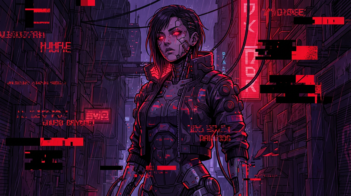 Cyborg Woman With Red Eyes In Rainy City