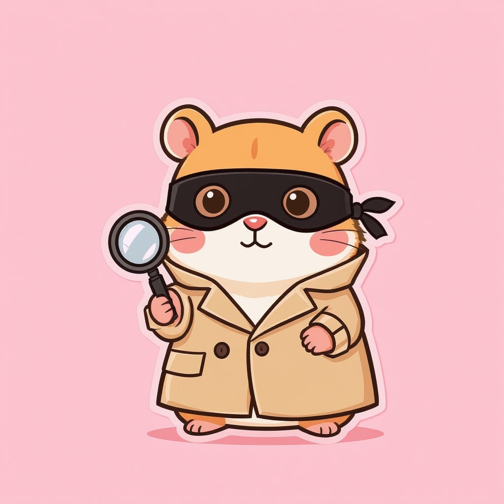 A minimalist cartoon spy hamster, simple lines, no fur details, wearing a tiny black spy mask and a miniature trench coat, holding a magnifying glass. Pastel pink background, clean and cute illustration, flat design, no shadows, no complexity.