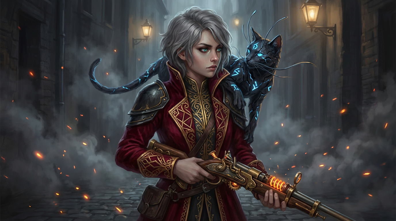 Mysterious Woman With Steampunk Rifle And Spirit Cat