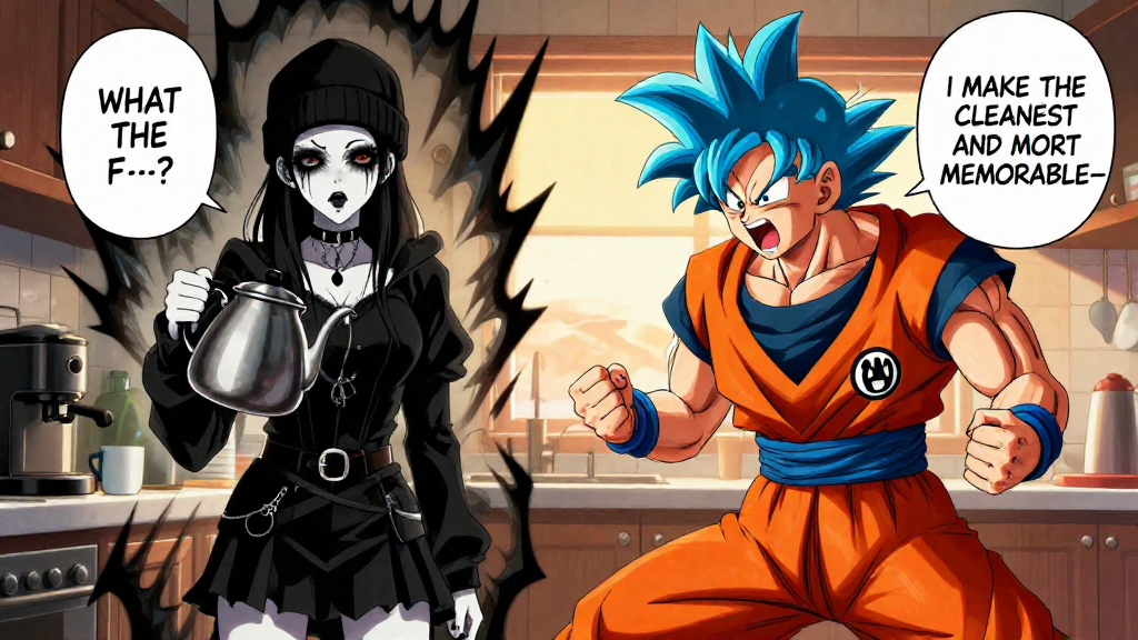 Goth Woman And Goku In Kitchen Confrontation Anime style comic panel, two characters in a kitchen. On the left, a pale goth woman with black beanie, black clothes, black choker, black nail polish, and black tear-streaked eyes, holding a coffee pot. She is surrounded by dark, sharp, spiky energy and has a speech bubble saying "WHAT THE F--?!". On the right, a muscular male anime character resembling Goku in an orange gi with vibrant blue spiky hair, shouting and clenching his fists. His speech bubble says "I MAKE THE CLEANEST AND MOST MEMORABLE—". The background is a detailed kitchen with a coffee maker, white mug, and a window showing a warm, soft sunrise. Warm, inviting lighting from the window contrasts with the woman's dark aura. The overall mood is humorous and chaotic.