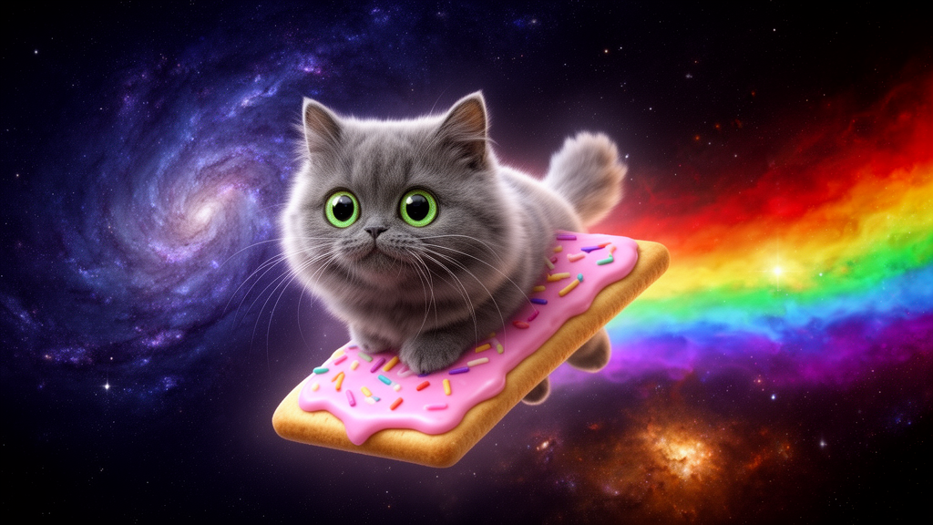 A fluffy, cute Nyan Cat flying through deep space, centered, full body. The cat is grey with big, round green eyes and long whiskers, attached to a pink frosted pop-tart with colorful sprinkles. A vibrant rainbow trail streams behind the cat. The background is a dark, starry cosmic sky filled with swirling galaxies and nebulae in hues of purple, blue, red, and orange. Digital art, volumetric lighting, hyperrealistic details on the cat fur and pop-tart, magical, ethereal, high resolution.