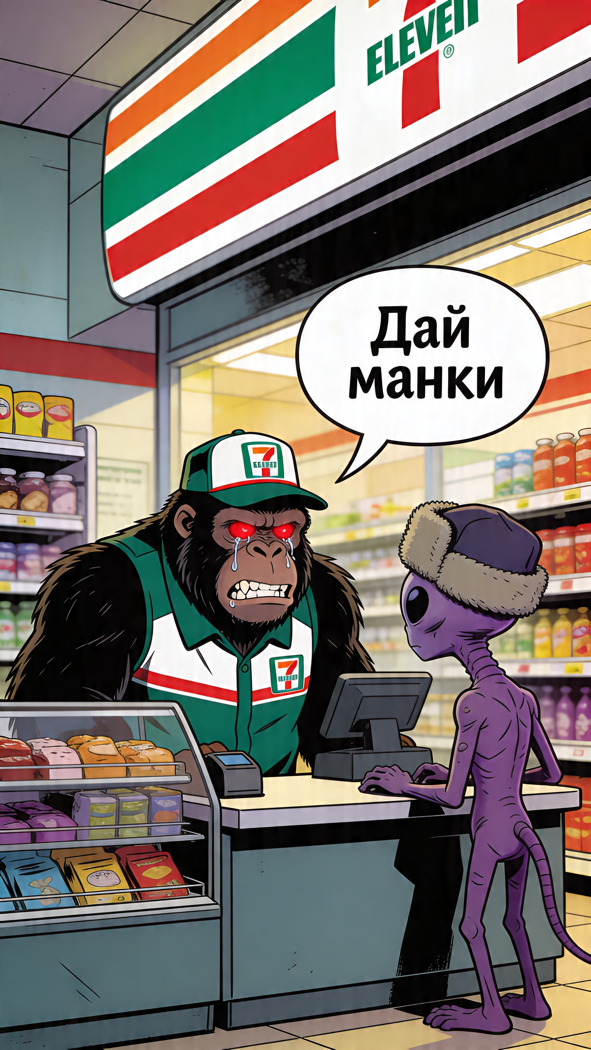 Crying Gorilla Clerk And Purple Alien Customer