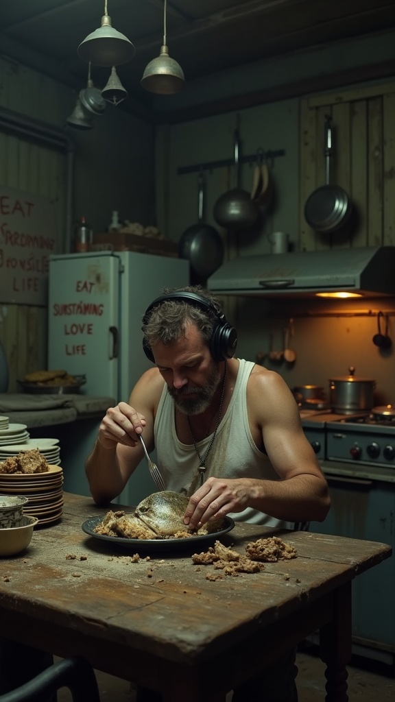 Photorealistic image of a scruffy, hairy man in a dirty white tank top and headphones, sitting at a cluttered wooden table in a grimy, dilapidated kitchen, eating a whole stuffed fish with a fork. He is focused on his meal. Stacks of dirty dishes and food scraps are on the table. The kitchen features an old refrigerator, hanging pots and pans, a stove, and a range hood. A faded sign reads "EAT SURSTRÖMMING" and "LOVE LIFE" on the wall. Dim, moody lighting with warm glows from the kitchen hood. Overcast, muted color palette with a sense of squalor and neglect. Gritty atmosphere, full shot.