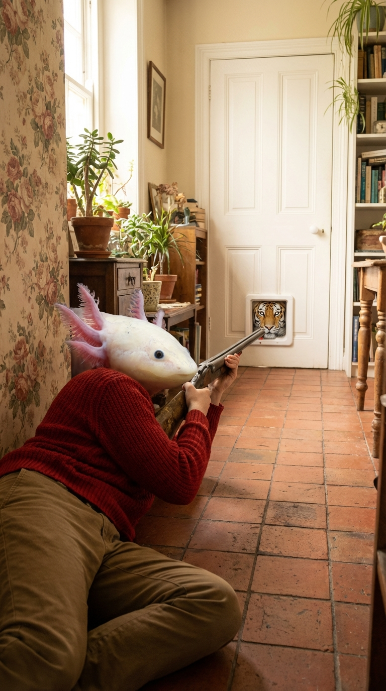 Photorealistic image of an albino axolotl head on a human body, dressed in a red knitted sweater and khaki pants, lying prone on a terracotta tiled floor, holding a double-barreled shotgun. The axolotl is aiming the shotgun at a tiger's head peeking out of a white cat flap in a white door. The tiger has wide, intense eyes. The background features a vintage floral wallpaper on the left. Soft, natural lighting creates a tense, slightly humorous mood. Warm, earthy colors dominate the scene with a splash of vibrant red from the sweater. Detailed textures on the axolotl's gills, the sweater, and the tiger's fur.