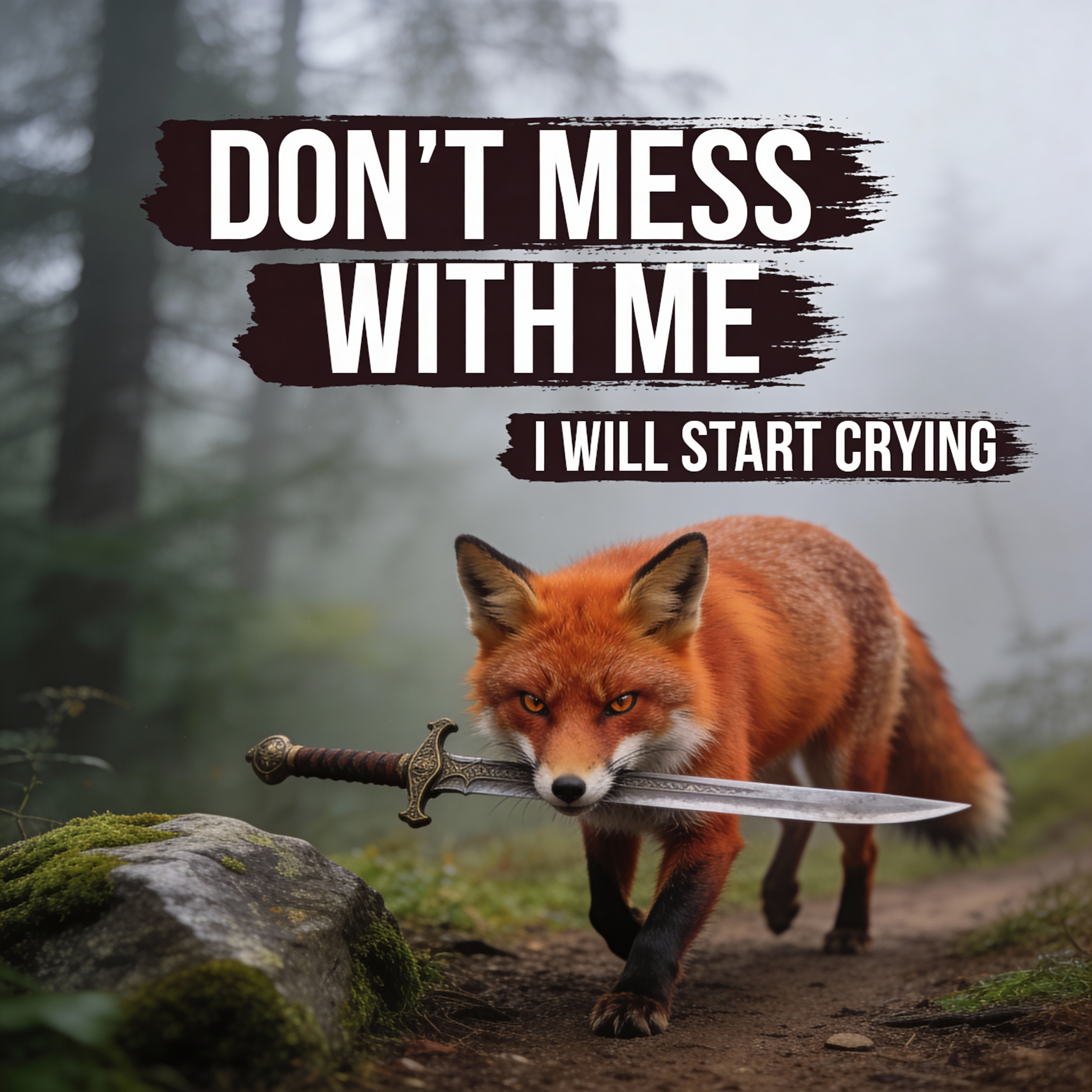 Photorealistic image of an angry red fox, full body, holding a medieval sword in its mouth, walking on a mossy rock and dirt path. The fox is in the foreground, slightly angled towards the viewer, with intense eyes. The background is a misty forest, blurred, with muted greens and grays. Overcast lighting, creating a soft, diffused mood. Earthy tones dominate, with vibrant orange fur on the fox contrasting with the muted background. Text overlay: "DON'T MESS WITH ME" in large white bold font, and "I WILL START CRYING" in smaller white bold font, both with a dark brushstroke background. Detailed fur texture, naturalistic environment.