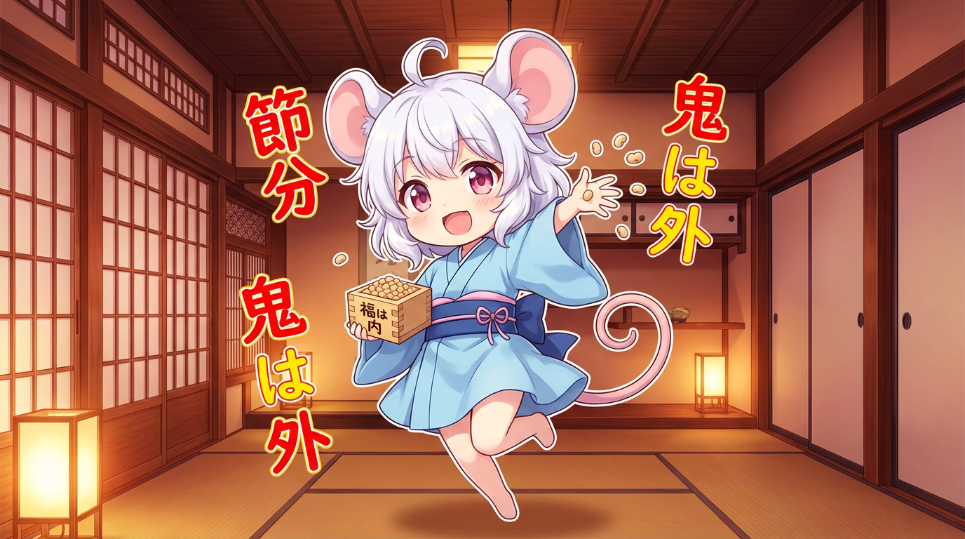 Happy Chibi Mouse Girl Throwing Soybeans