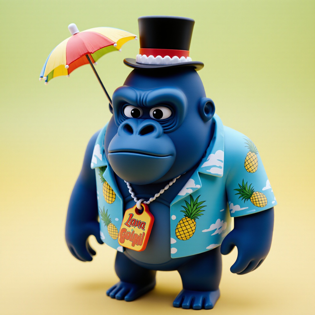 make a 2D gorilla tag figure with a top hat on its head, a christmas umbrella, a mini lava gorilla tag on its arm a hawain shirt with pineapples on also make it look like the game gorilla tag and the gorilla tag figure blue

, in the style of artistic