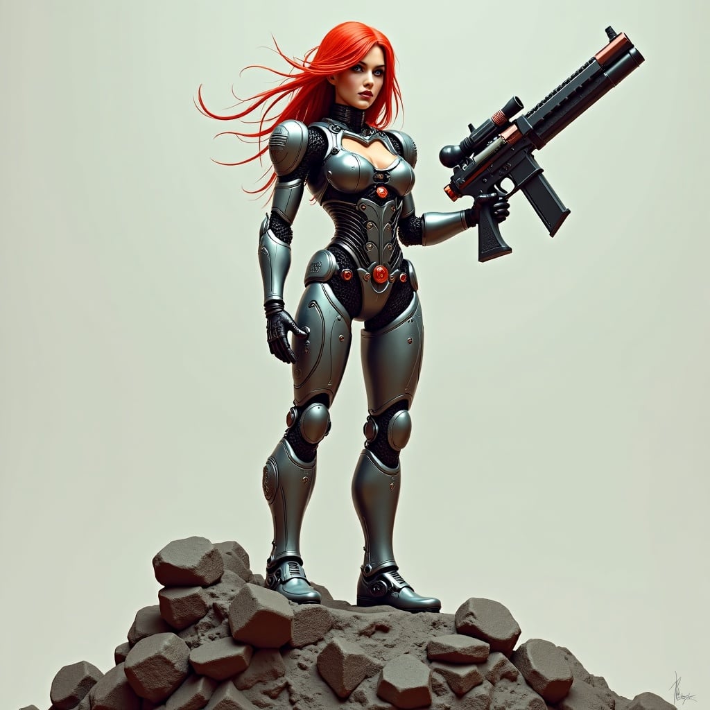 Voluptuous Red Haired Female Cyborg Standing On A Heap Of