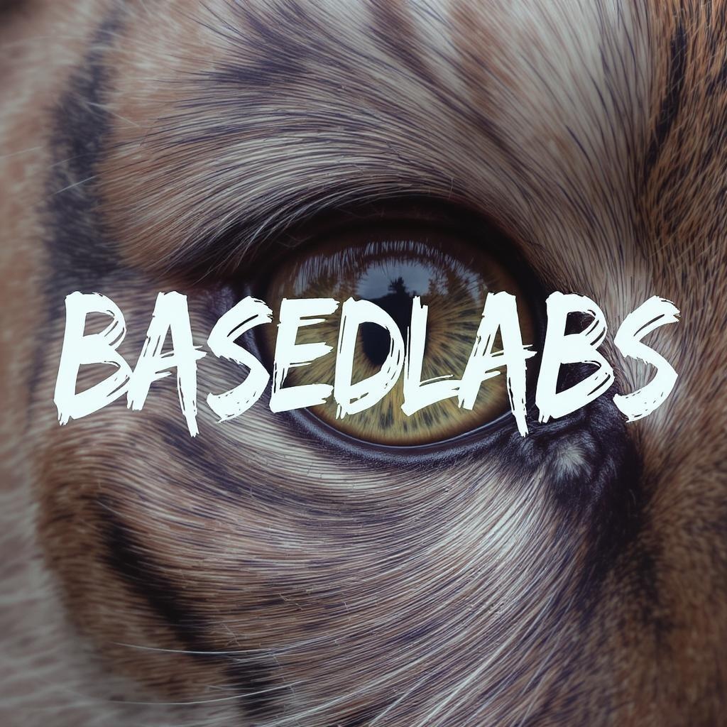 Extreme close-up of a single tiger eye, direct frontal view. Detailed iris and pupil. Sharp focus on eye texture and color. Natural lighting to capture authentic eye shine and depth. The word "BASEDLABS" is painted over it in big, white brush strokes with visible texture.