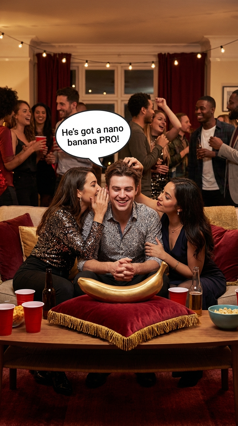 Photorealistic image of a lively house party. In the foreground, a young man sits on a sofa, flanked by three attractive women. He has a slight smile, with one woman whispering in his ear, another playfully touching his hair, and a third looking at him adoringly. A large, metallic gold banana prop rests on a red velvet pillow with gold tassels in front of the man. In the background, other party-goers mingle. On a coffee table, there are red solo cups and bottles of alcohol. A speech bubble above the man's head reads: "He's got a nano banana PRO!". The lighting is warm and inviting, creating a fun, celebratory mood. The colors are rich, emphasizing the gold banana and red accents.