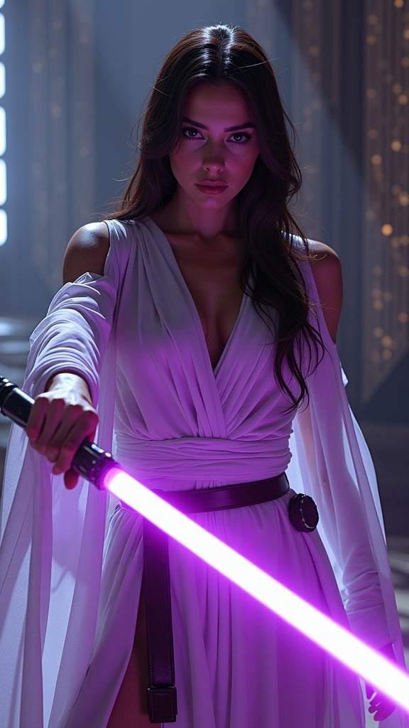 Realistic Photorealistic Perfect Anatomy Futuristic Warrior Wielding Purple Lightsaber 1