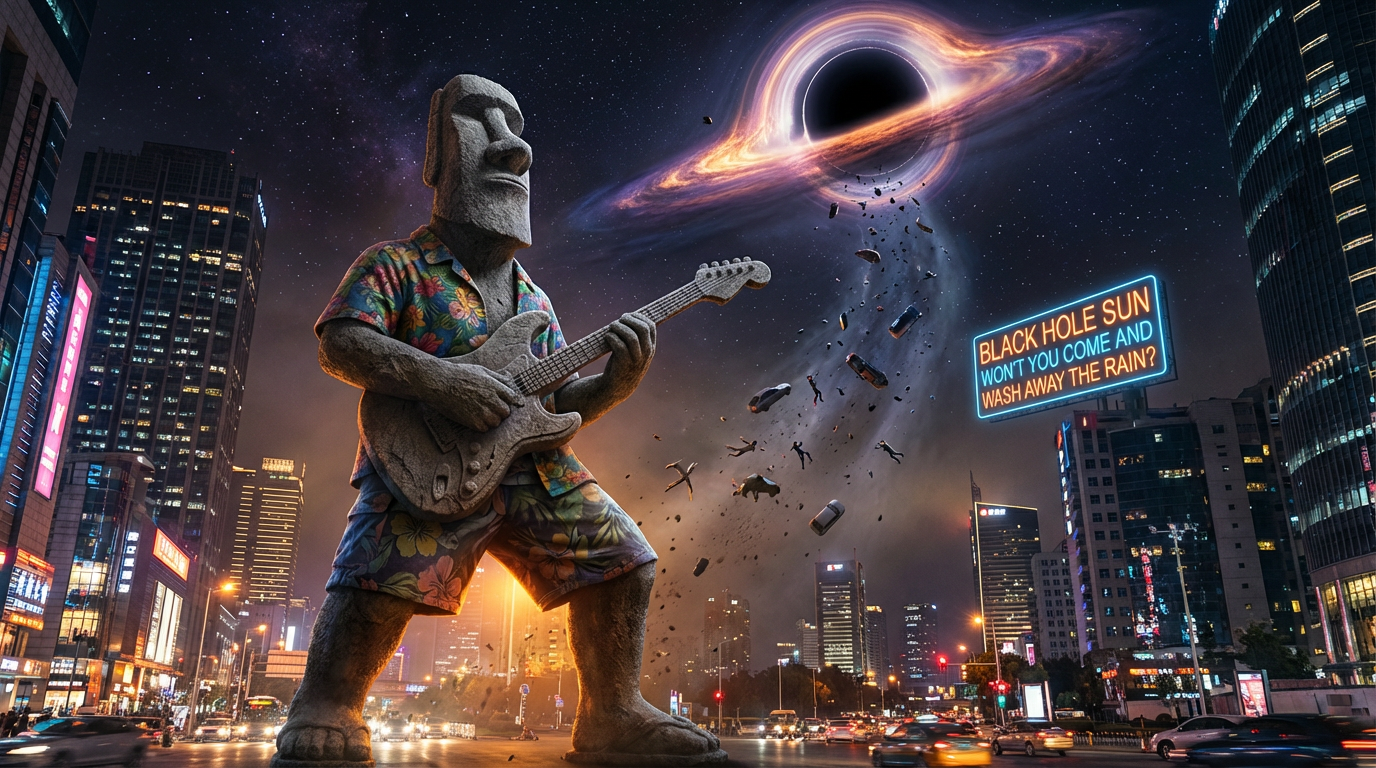 Moai Statue Plays Guitar Under Black Hole