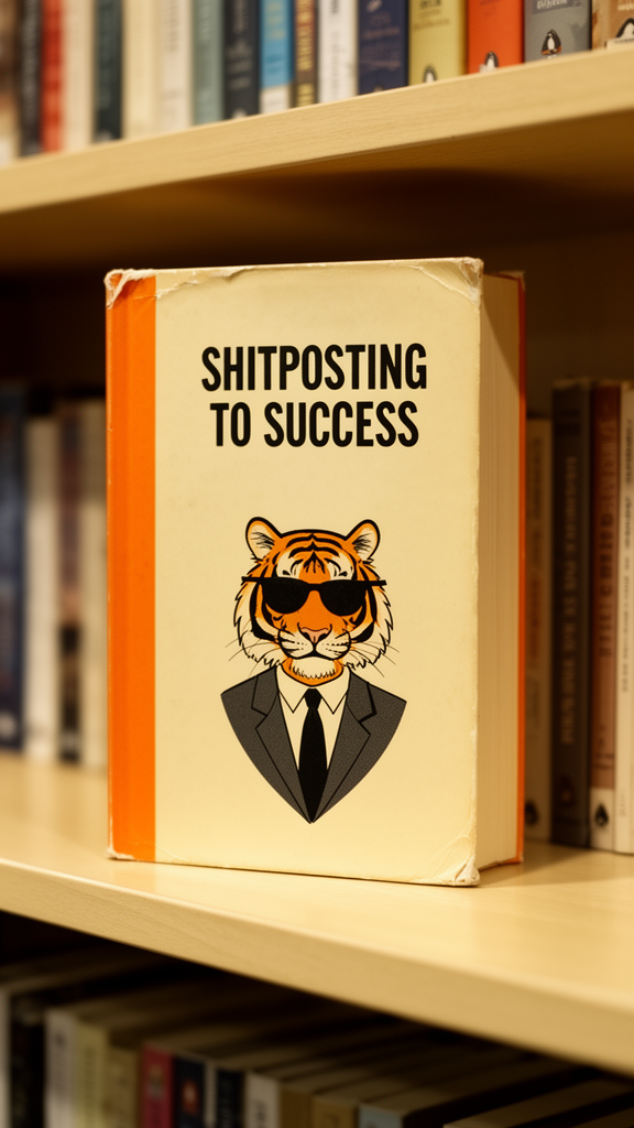 A photorealistic image of a book titled "SHITPOSTING TO SUCCESS" with an orange spine and a cream-colored cover, designed in the style of a Penguin Classics book. The cover features a cartoon-style illustration of a tiger wearing a dark suit, white shirt, and black tie, with black sunglasses, against a cream background. The book is standing upright on a light wooden bookshelf, surrounded by other blurred books on the same shelf and shelves above and below, suggesting a bookstore or library setting. Gentle, warm lighting illuminates the book, creating a slightly nostalgic and inviting atmosphere. The book shows subtle signs of wear on the edges.