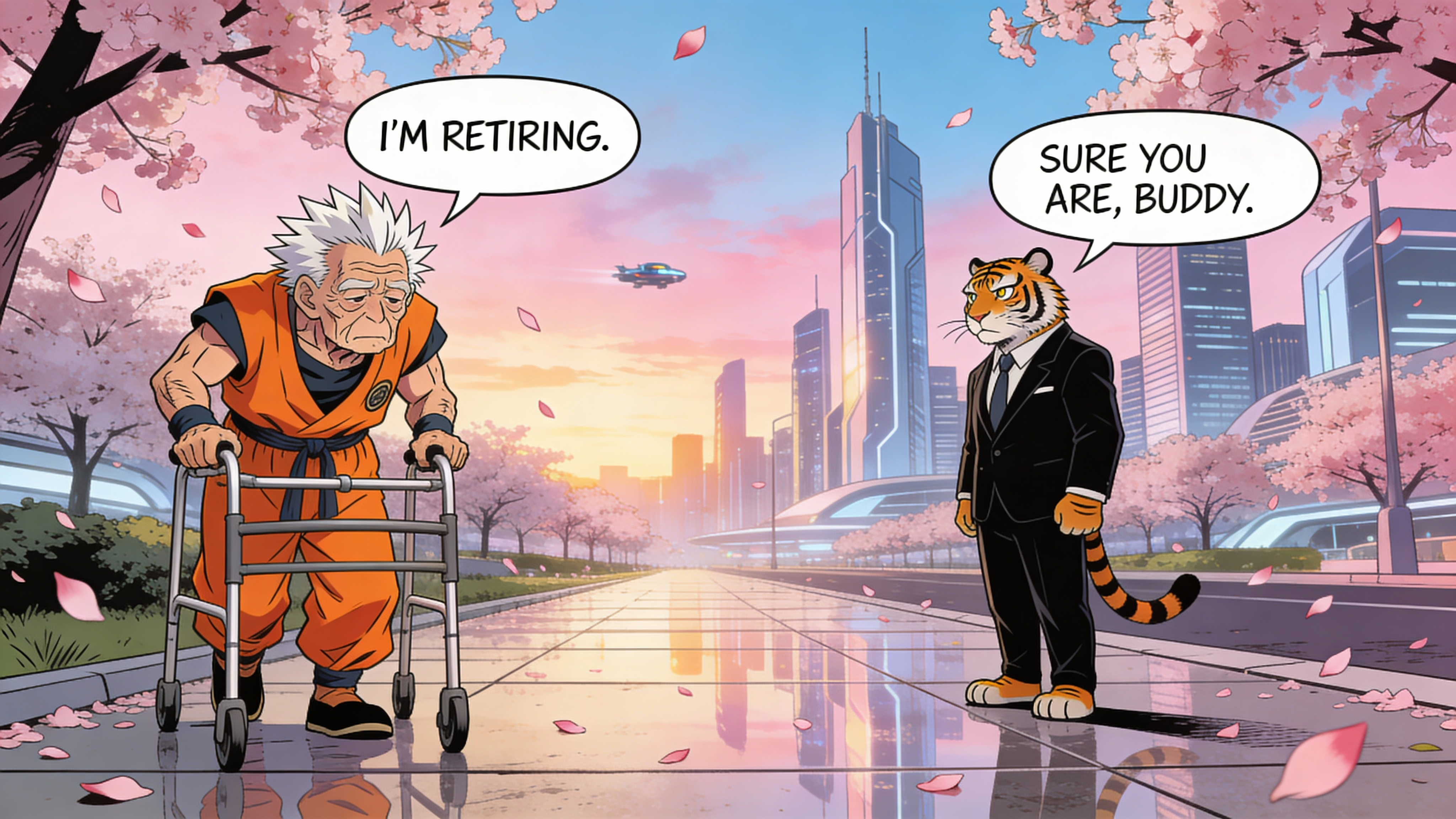 Elderly Goku And Tiger In Futuristic City Dragon Ball Z style comic panel, Goku as an elderly man with white spiky hair and wrinkles, wearing his orange gi, using a walker, looking tired but determined. He is speaking, with a speech bubble above him saying "I'M RETIRING." Beside him, a tiger in a business suit, standing upright, with a speech bubble saying "SURE YOU ARE, BUDDY." He has a skeptical expression. They are on a wide, reflective sidewalk lined with cherry blossom trees with pink petals falling. In the background, a futuristic city with sleek, tall skyscrapers under a pastel pink and blue sunset sky. A subtle flying vehicle is visible in the distance. Clear outlines, vibrant colors, comic book shading.