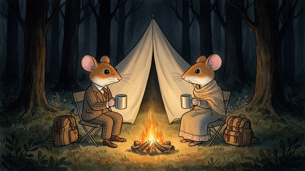 Charming Anthropomorphic Mice Camping In Dark Forest