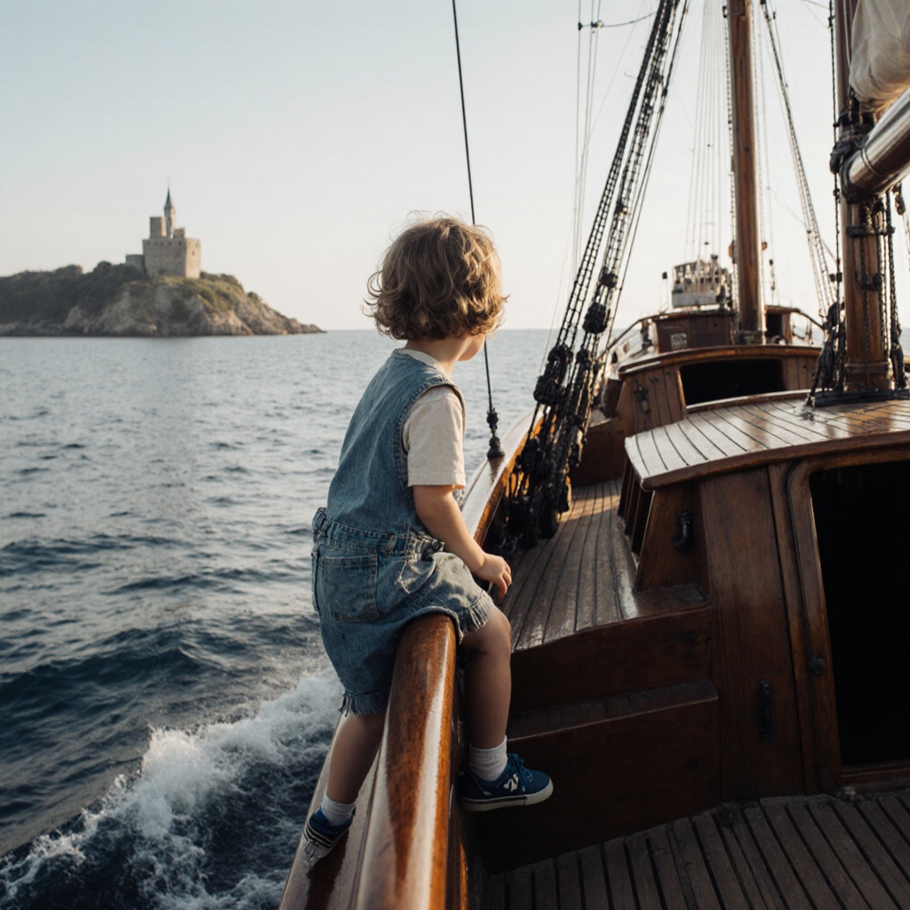 Child Alon On Pirates Ship Looking At An Isle