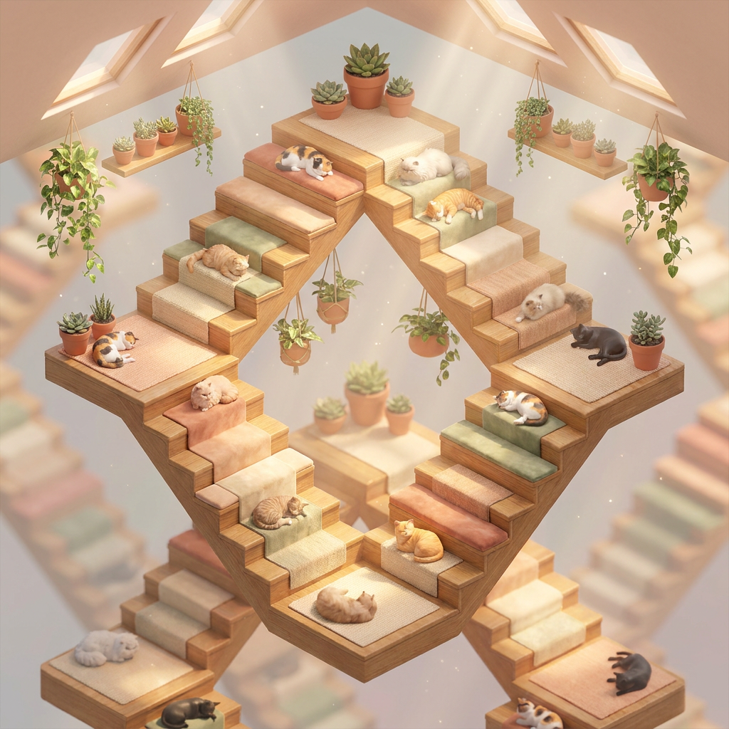 Cozy Cats On Impossible Pastel Staircase