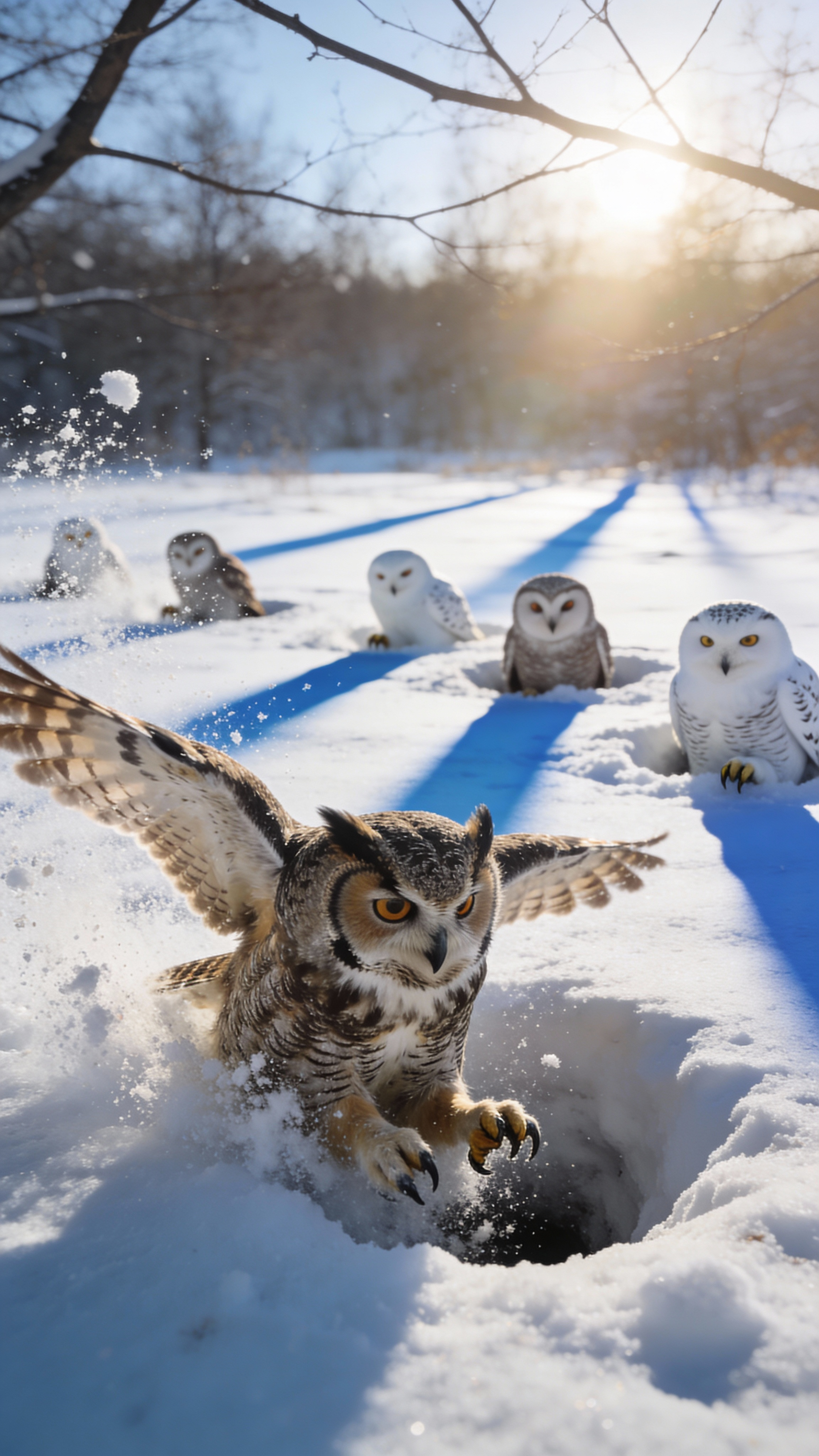 On The First, Second And On the first, second and third image you can see Hooh - large pet great horned owl. I wnat to make another picture with this owl.
A photorealistic, cheerful winter morning scene in a snowy field. The majestic Great Horned Owl, Hooh, is energetically digging a deep hole in the fresh snow. She is already half-submerged, with only her upper body, wings, and head visible, sending a flurry of snow into the air. Her expression is one of focused determination and pure joy.
In the soft-focus background, several other owls of various species (like Snowy Owls, Barn Owls) are in various stages of the same activity: some are just starting to dig, others are half-buried, and one or two are comically stuck with only their heads or talons sticking out of their self-made snow holes. Despite the chaos, all the owls look blissfully happy. Soft morning sunlight filters through bare branches, casting long blue shadows on the pristine white snow. The mood is one of playful, absurd winter euphoria.