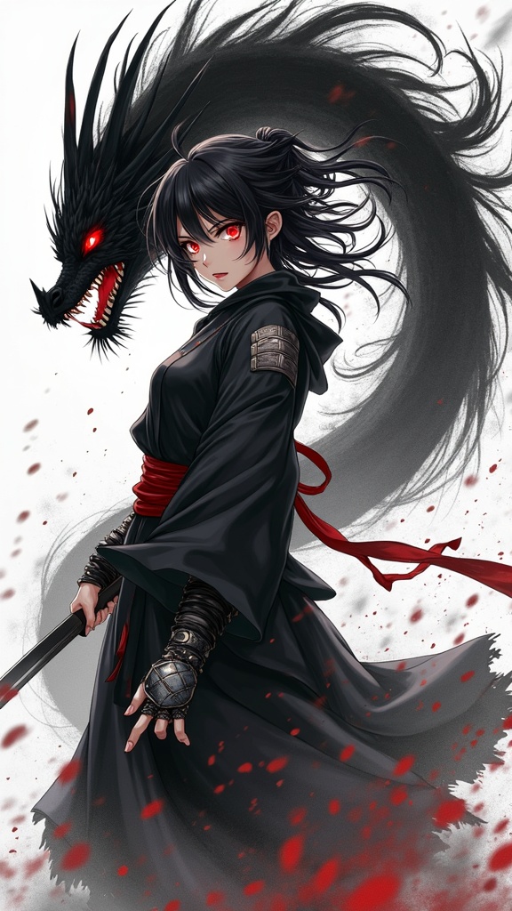 Dynamic anime-style illustration of a fierce female samurai or ninja, black hair flowing, with glowing red eyes, in a dramatic action pose. A black ink dragon emerges from her flowing hair and robes, surrounded by ink splatters and brush strokes. Subtle grayscale color palette with vibrant red accents on her eyes and a ribbon. Dramatic lighting, high contrast, and an intense, powerful mood. The art style evokes traditional sumi-e ink painting with modern anime aesthetics. Intricate details on her armored gauntlet and torn clothing.