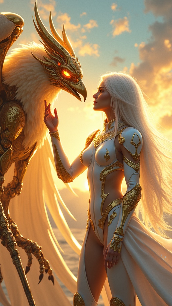 Full body portrait of a beautiful female warrior in a sleek white and gold sci-fi armored suit, with long flowing white hair and glowing yellow eyes, interacting with a majestic golden mechanical phoenix with glowing fiery details and large wings, set against a vibrant sky with soft clouds during a sunset. Digital art, highly detailed, dynamic pose, ethereal light, volumetric lighting. The warrior holds a staff-like weapon, and tiny blue particles emanate from her hand touching the phoenix's face, creating a magical atmosphere. Warm golden hour glow, contrasting with deep blues of the sky and subtle cloud shadows.