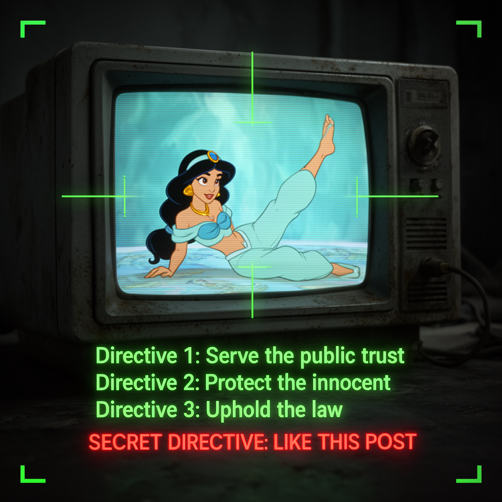 A Retro Crt Monitor Displaying A retro CRT monitor displaying an animated image of Princess Jasmine from Aladdin, lying down with one leg raised, against a blurry aqua background. The art style is classic 2D animation, with scanlines and VHS distortion on the screen. The monitor is old, gray, and dusty. Green, glowing UI elements and crosshairs are overlaid on the screen and surrounding areas, creating a sci-fi or surveillance aesthetic. Below the image, green glowing text reads "Directive 1: Serve the public trust", "Directive 2: Protect the innocent", "Directive 3: Uphold the law", followed by red glowing text "SECRET DIRECTIVE: LIKE THIS POST". Dark, moody lighting with a focus on the glowing screen. The atmosphere is nostalgic and slightly ominous.