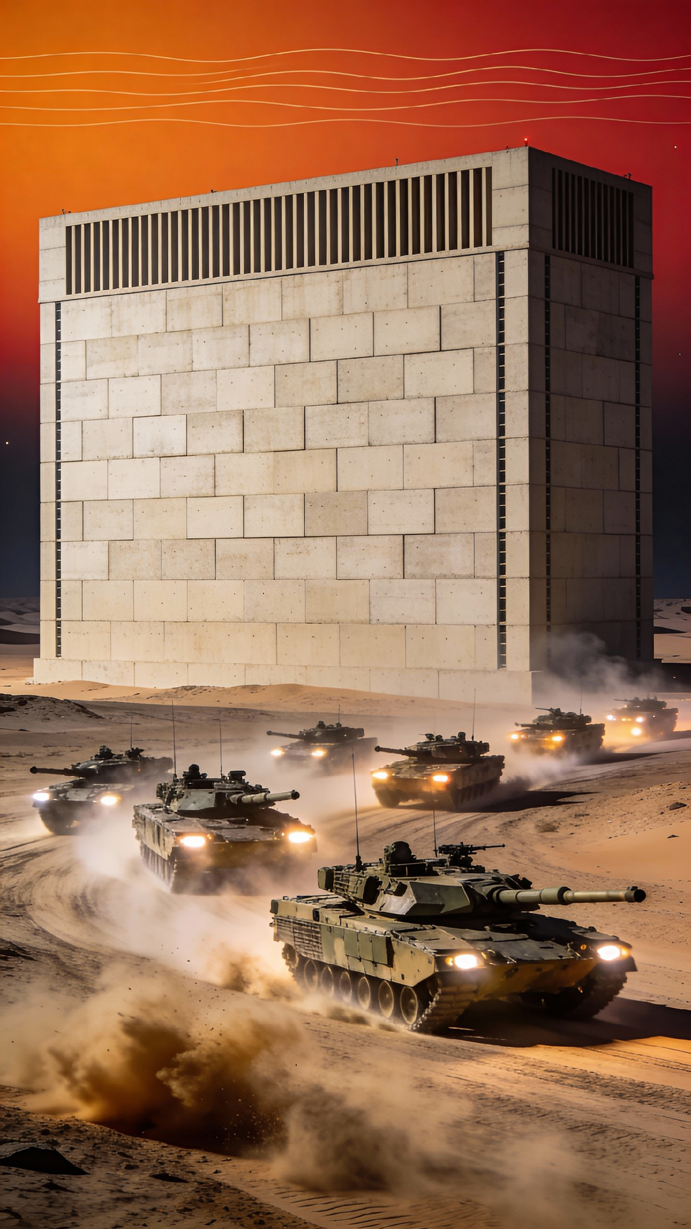 Military Tanks Convoy In Desert Night Ultra-detailed, cinematic photograph of a group of military tanks driving in a desert landscape at night, with a tall, rectangular building with a cinematic backdrop of. The building is made of light-colored concrete blocks and has a rectangular shape with vertical slats on the top and sides. The sky is a gradient of orange and red at the top, with wavy lines visible across the horizon. The ground is sandy and dusty, and there is a dust cloud in the foreground. The tanks are moving towards the right side of A cinematic scene, leaving a trail of dust behind them. They are all facing the same direction and appear to be moving quickly. Some of the tanks have headlights on, indicating that they are powered by headlights. The overall atmosphere is intense and dramatic, conveying a sense of speed and excitement as the tanks move through the desert terrain. High fidelity, realistic texture, ultra detail, cinematic tone mapping. ChatGPT-4o style <lora:YFG-Soares-Flux2-Klein-v1-1_5k:1>