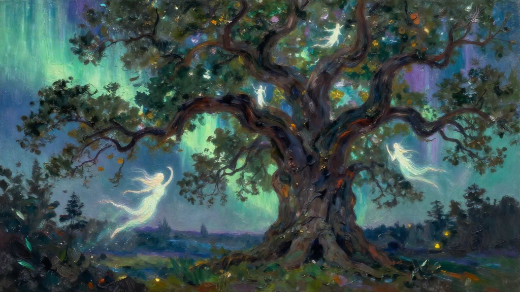 Ancient Oak Tree With Dancing Spirits