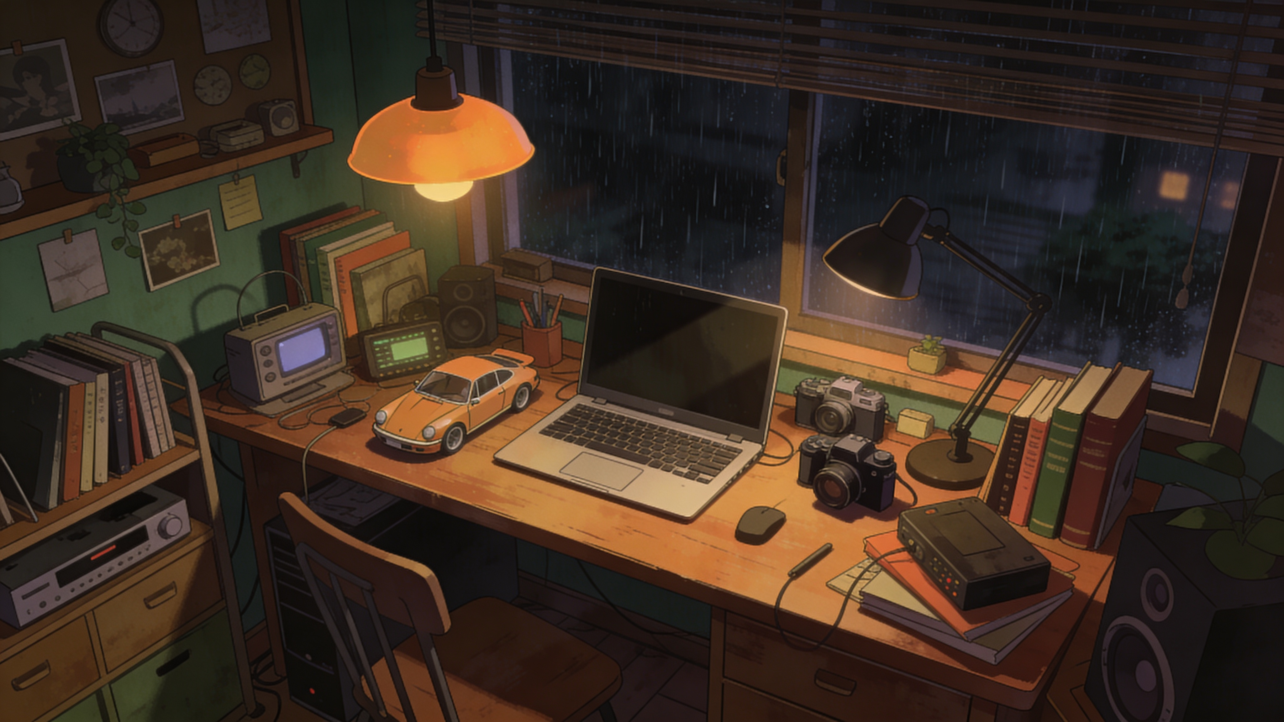 Cozy Vintage Workspace On A Rainy Night
