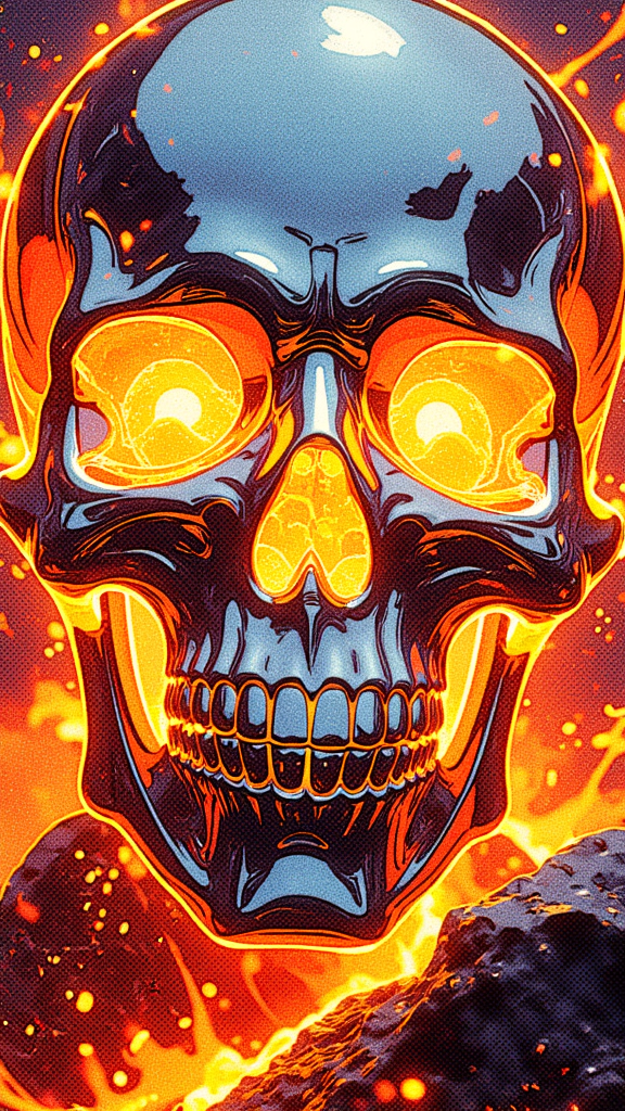 Hyper-realistic digital chrome art of a silver-colored skull with a subtle tint of fiery orange, its reflective surface gleaming with a high-gloss finish. From the skull's eye sockets and mouth, hot molten lava erupts, cascading in large quantities with chaotic energy, while the reflective skull surface distorts the intense, fiery glow. The lighting is cinematic, casting dramatic highlights on the skull’s metallic surface while deep shadows form along the edges, accentuating the texture. The surreal background glows in molten orange, creating a stark contrast to the smooth, cool metallic chrome. A futuristic metallic blue and silver mask is subtly integrated into the design, reflecting the bright orange lava glow. The HD quality ensures the detailed light reflections and high-contrast effects, creating a visually striking scene with dynamic, reflective light play against the skull’s smooth metallic finish.