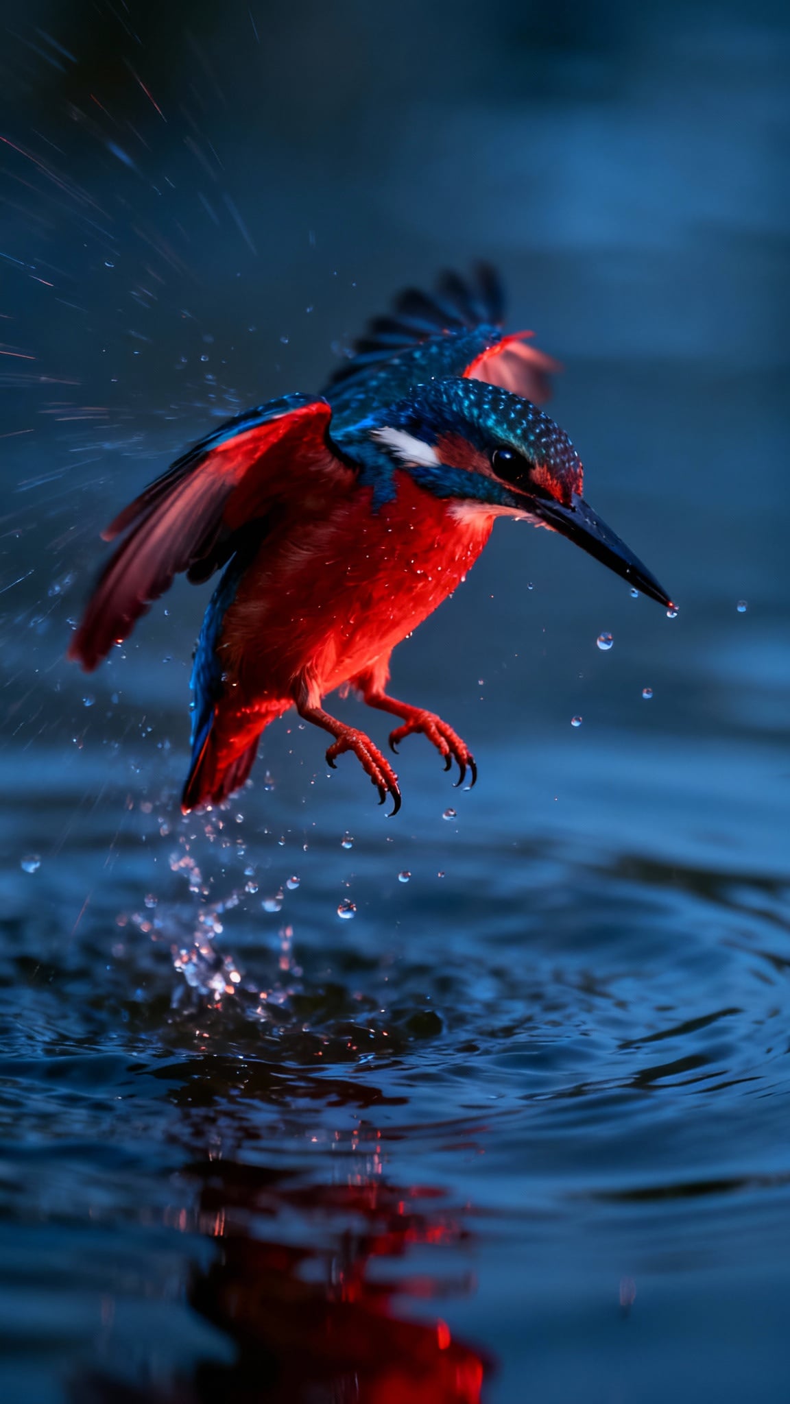 Capture an ultra-realistic photograph of a stunning kingfisher diving into the water, its vivid red hues illuminated by dramatic, cinematic lighting, shot with an 85mm lens, showcasing a 4:3 aspect ratio for a visually compelling presentation.