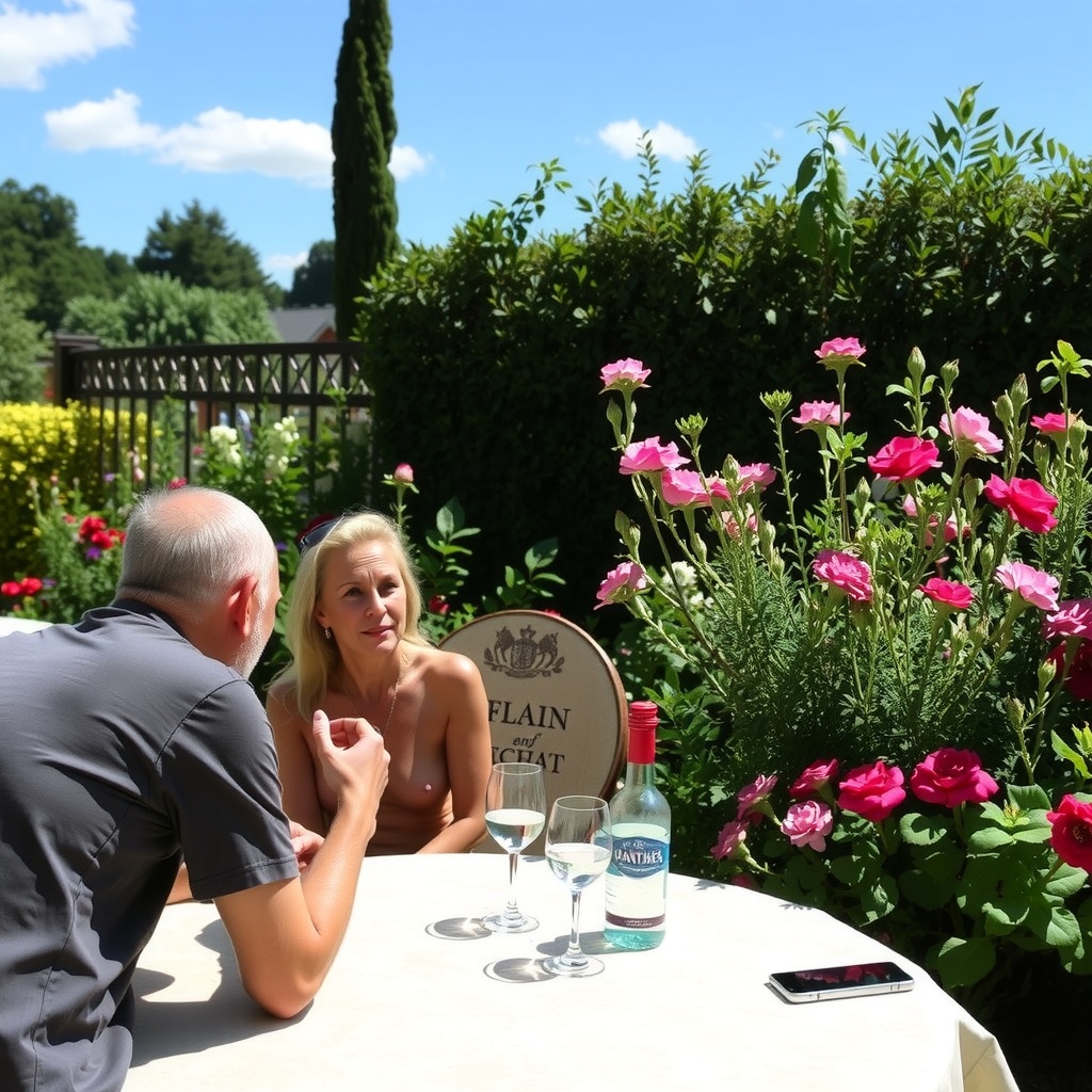 Jewel, had been nude sunbathing in the garden, when she sat down at a table, and a man  sat at a table with her.   She remains  topless and bottomless.