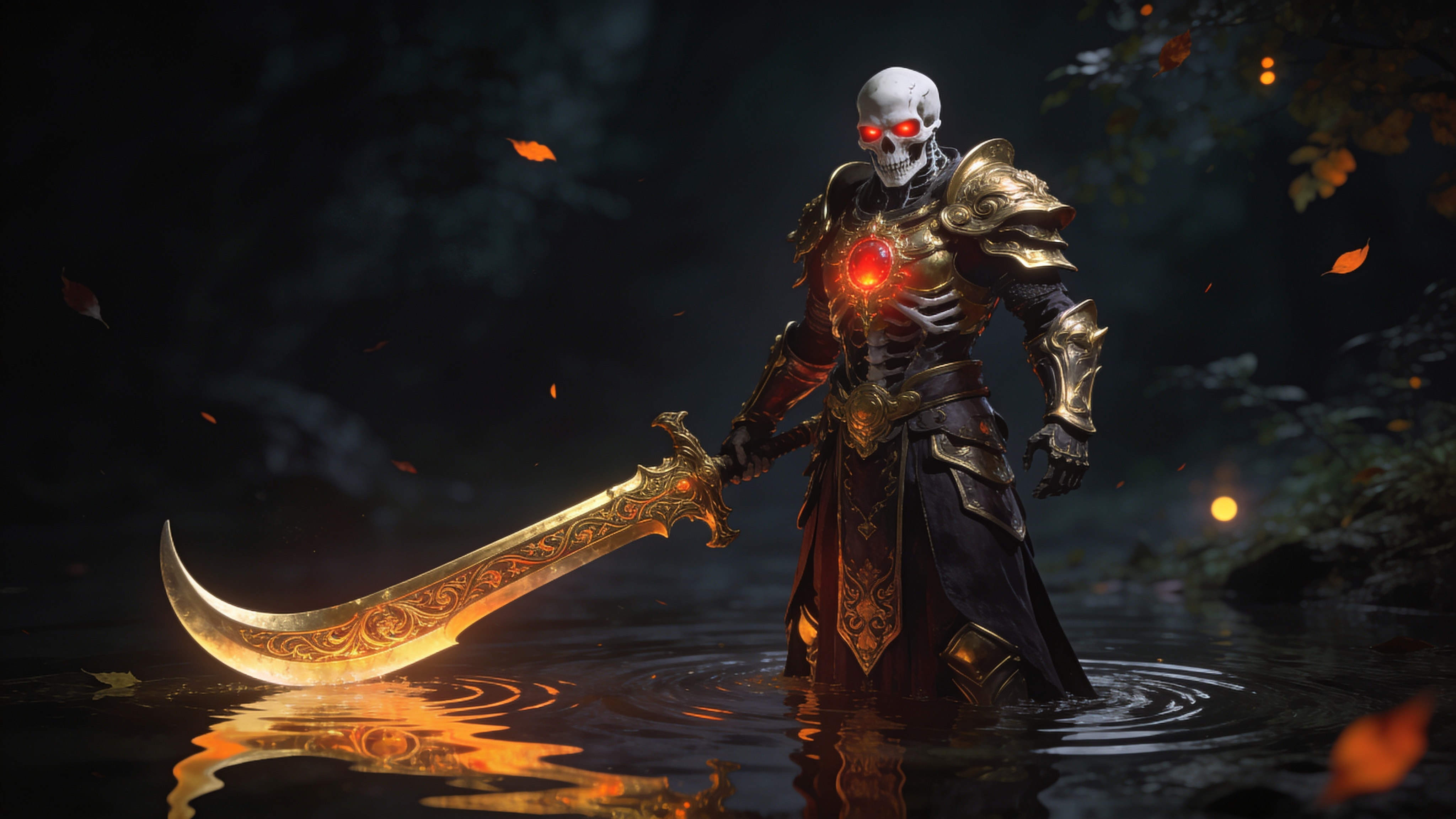 Undead Warrior With Glowing Sword In Water