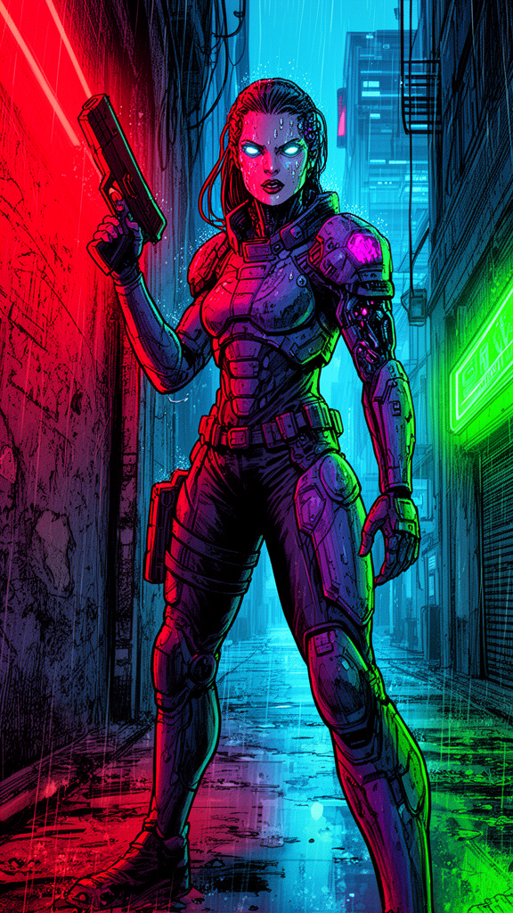 Fierce Cyberpunk Mercenary In Neon Alley Full body shot of a fierce female cyberpunk mercenary, holding a pistol, wearing armored futuristic gear, in a neon-lit rainy alley. Art style is a dynamic comic book illustration with thick black outlines and vibrant colors. Intense red lighting from the left, cool blue and green neon lighting from the right, reflecting off wet surfaces and her armor. Mood is gritty, tense, and atmospheric. Colors are dominated by stark reds, electric blues, and vibrant greens and magentas. Sweat or rain beads on her face, glowing eyes, detailed cybernetic elements on her suit. Grungy textures on walls, futuristic building facades in the background. Highly detailed, high contrast.