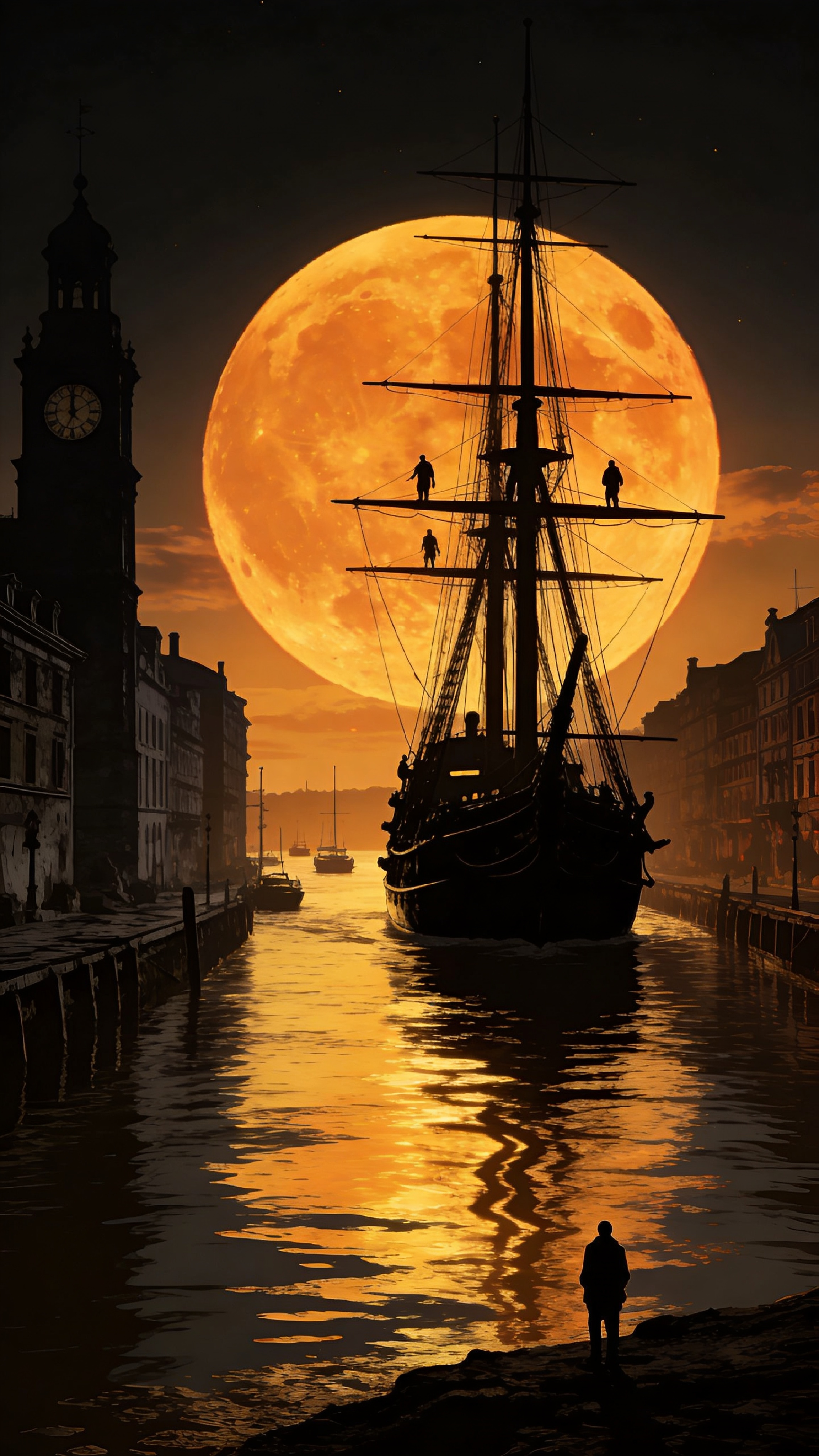 Surreal Ship In Canal Under Giant Moon