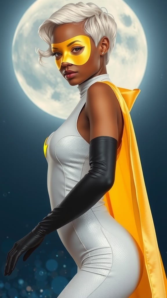 African-American female super-hero. She has the powers of the moon, and her abilities to use moonlight. Tall, lithe, athletic build. Smooth brown skin. Silvery-white hair with a short asymmetrical cut, shorter on back and sides, longer on top with curls that fall forward. She has beautiful brown eyes, but they're usually hidden behind a golden-yellow super-hero mask. Her costume is a full shimmering white form-fitting bodysuit that covers her from the neck down. Jet black arm-length latex gloves that come to points at the elbows and blend into her costume seamlessly. Black latex high-heeled boots that come to points up to mid thigh and blend seamlessly into her costume.  The upper part of her costume has a crescent moon on the front that starts at her left shoulder, works it's way towards her right rib and wraps back around to her left hip. The crescent moon symbol is also golden-yellow in color. She wears a short golden-yellow cape that is also shaped like a crescent moon that flows out and down from her neck and hooks into her left hip with a shiny crescent moon pin. 

She can create a crescent moon shaped bow made of energy, and fire light/energy blast arrows from it. They light up like stars when they hit their target. She can also see in the dark without the use of a flashlight, having night-vision within her eyes. She glows like the moon after dark. Full body pose, probably firing her energy arrows at a target while roaming the city limits. 
