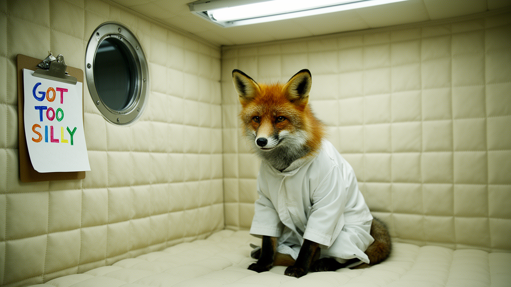 Photorealistic image of a red fox wearing a white straitjacket, sitting in the corner of a padded room. The room has off-white, quilted padded walls and a small circular window with a metal frame on the left wall. A clipboard with a paper reading "GOT TOO SILLY" in colorful, childlike handwriting is hanging on the left wall. Overhead fluorescent lighting creates a bright, sterile, and slightly unsettling mood. The colors are muted and monochromatic, dominated by the cream and beige tones of the padded room, contrasting with the fox's natural fur. High detail, sharp focus.