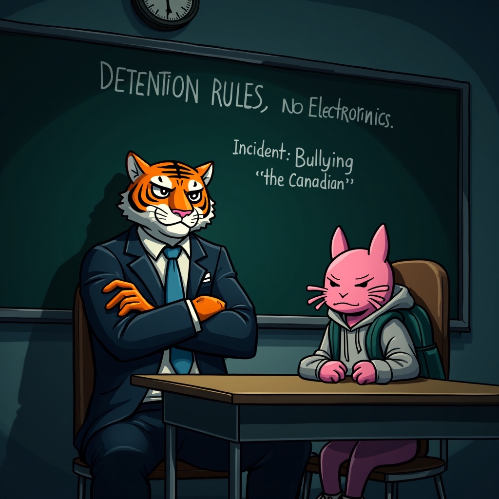 Stern Tiger And Sullen Axolotl In Detention A anthropomorphic tiger in a sharp suit and tie, arms crossed, seated in a school desk chair, looking sternly. An anthropomorphic pink axolotl, wearing a hoodie and backpack, sits in the desk next to him, looking sullen. Both are in a dimly lit classroom setting. The background features a blackboard with "DETENTION RULES: NO TALKING. NO ELECTRONICS. Incident: Bullying 'the Canadian'" written in chalk. A clock showing approximately 4:30 is on the wall. The art style is a blend of digital art and comic book aesthetics, with clear outlines and expressive characters. Dark, moody lighting creates a somber atmosphere. Muted blues, greens, and browns dominate the color palette, with pops of orange from the tiger and pink from the axolotl.