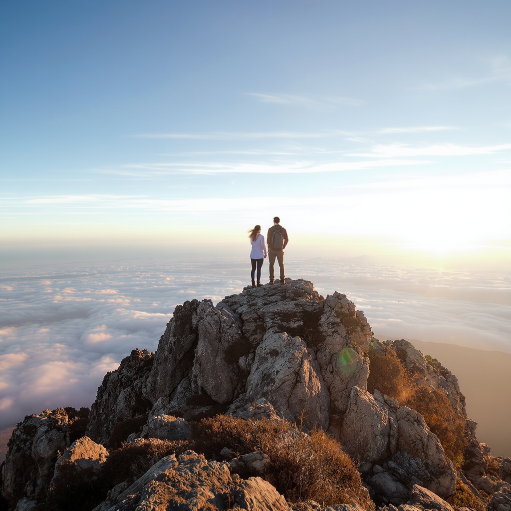 Вершина скалистой горы, парень с девушкой, они пок