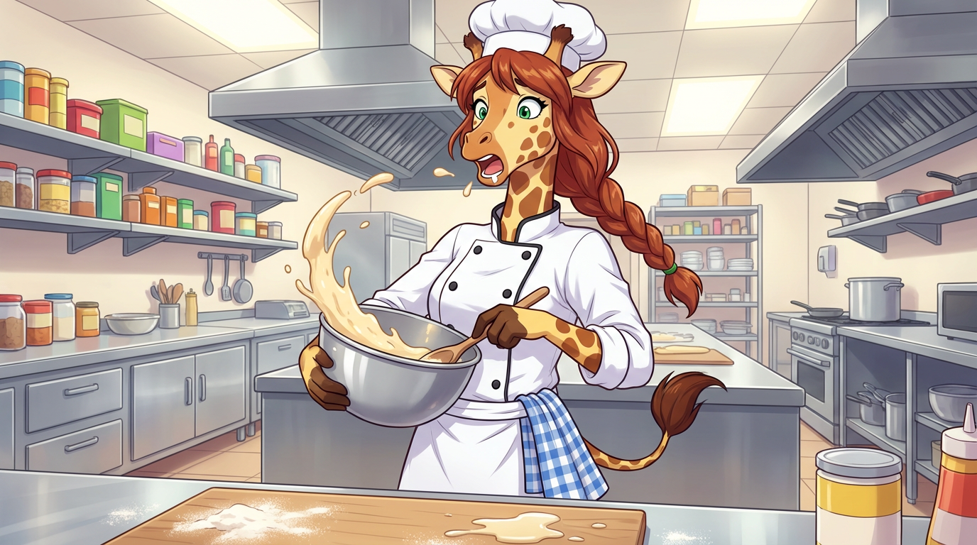 Surprised Giraffe Chef Mixing Batter In Kitchen