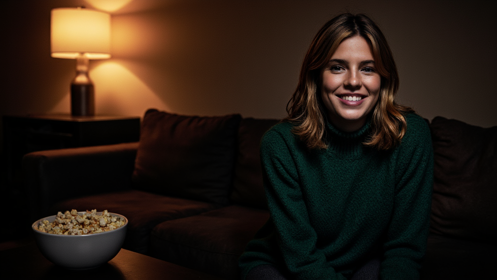 An amateur photo of a 22-year-old Greek woman sitting on a couch in a living room that is dimly lit by a lamp with a warm light. She is wearing a green sweater and there is a bowl of popcorn next to her. She is smiling.