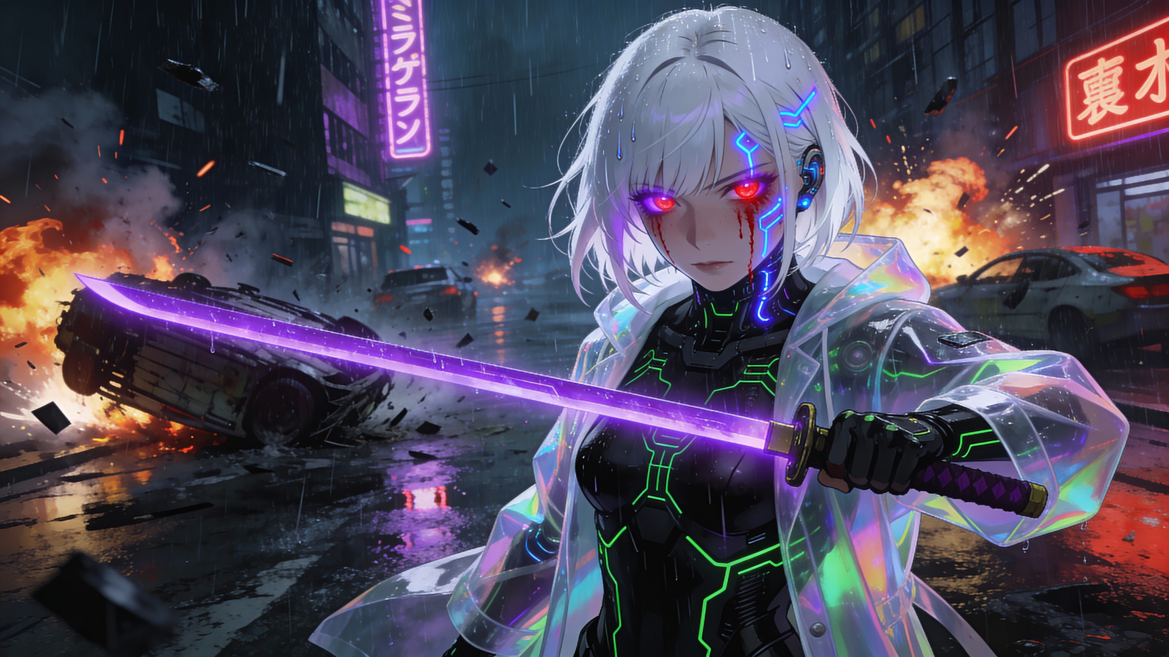 A cyberpunk anime-style illustration of a white-haired female cyborg with glowing purple and red eyes, holding a glowing purple katana. She wears a translucent, iridescent raincoat over a black tech suit with green circuit patterns. Rain streaks down her face, showing blood and glowing blue cybernetic markings. In the background, a chaotic, rainy city street scene unfolds with explosions, flying debris, and overturned vehicles. Neon signs in Japanese characters illuminate the dark, wet buildings. The mood is intense and action-packed, with dramatic lighting from the explosions and neon signs reflecting on the wet ground. Detailed, high-resolution, cinematic, volumetric lighting.