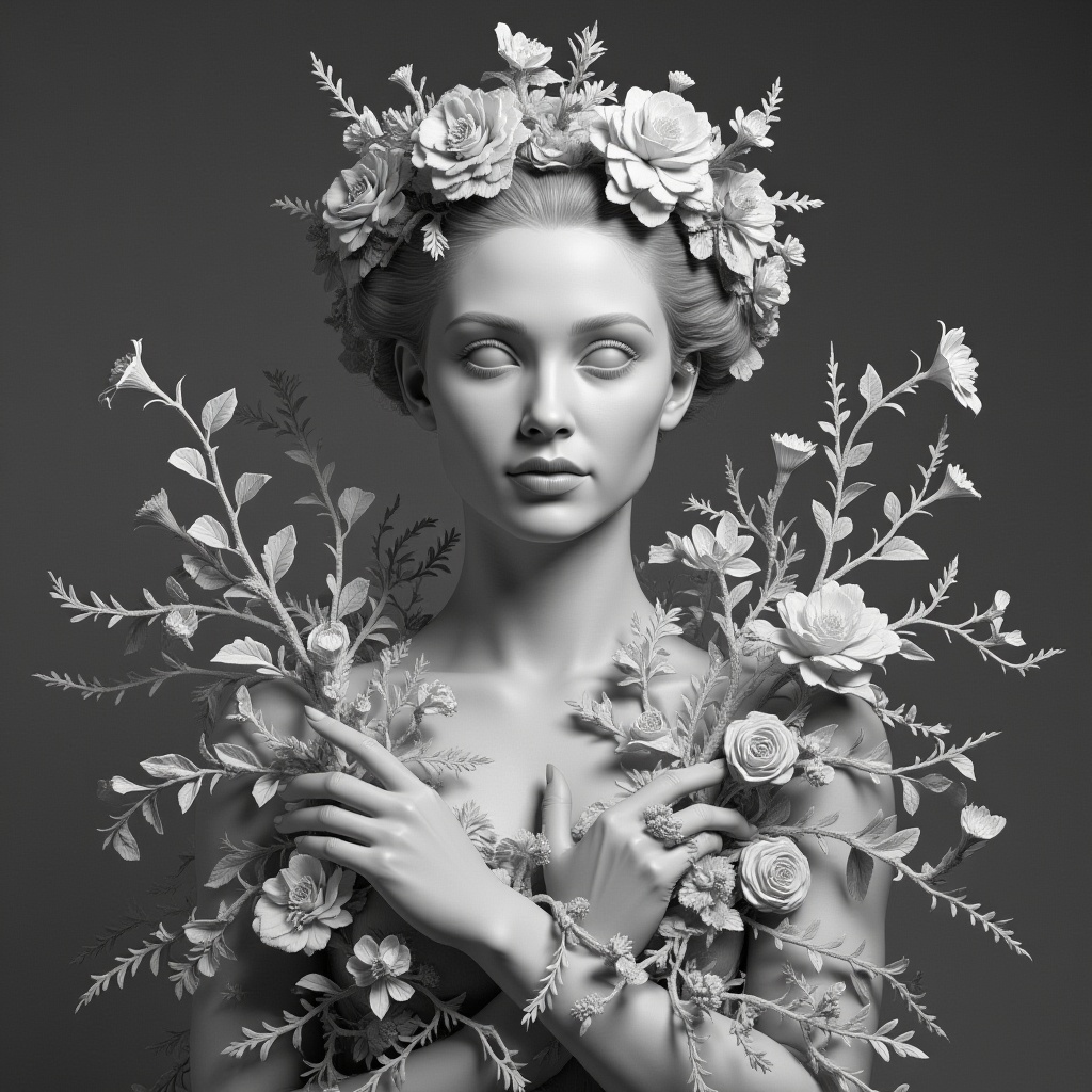 Woman Intertwined Flowers Art
