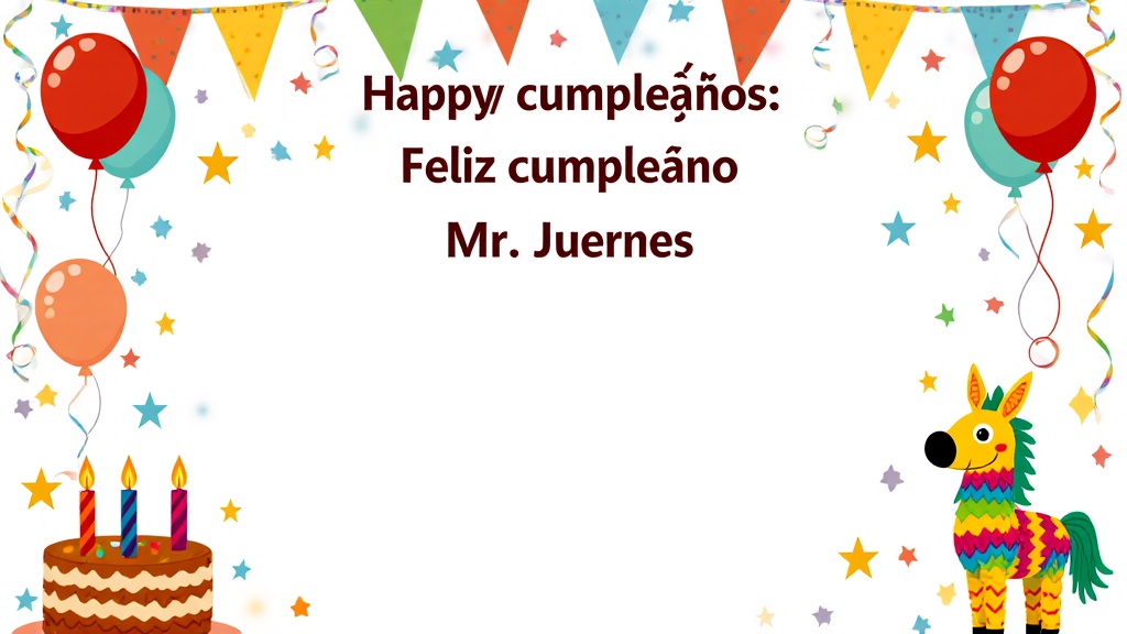 Create an animated birthday GIF with real party favors and piñatas, but make sure it's not childish, and don't add eyes to the drawing, do not add musica or any avatar. Add teh follosing text: Feliz cumpleaños Caballero Mr. Juernes.