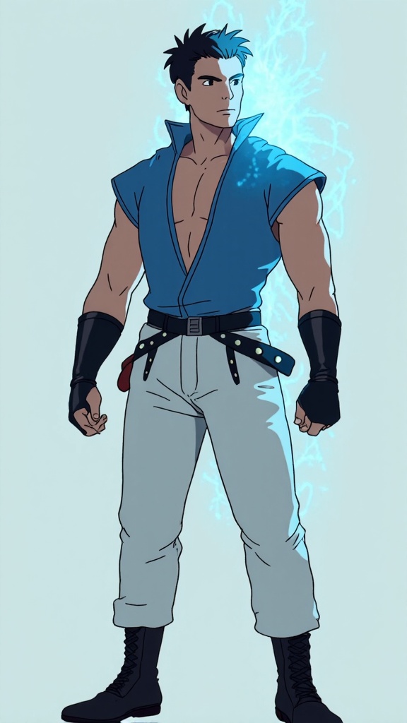 Male super-hero of Asian heritage, probably Japanese-American, ultra futuristic cyberpunk style. Tall, slim but muscular, sinewy. Short, black spiky fade hairstyle, close cut on the back and sides, longer on top. Black eyes, strong brow and jaw, high cheekbones, handsome. Clean shaven, no facial hair. Sleevless V-neck jacket, periwinkle blue in color, pointed at the shoulders. Pants are white and slightly baggy cyberpunk style, tapered at the bottoms, but roomy enough for him to fight. Black leather belt with metal studs around his waist. Short black leather bracers around his wrists. Black leather ankle length boots on his feet. 

Pale blue energy swirls around the crown of his head like an atom, constantly moving. He is a psionic with telekinesis and telepathic powers. He can move objects with his mind and attack with mental energy. Full body pose, likely using his power to levitate. 