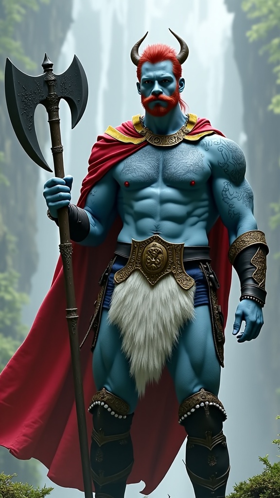 From the realm of faeries and fantasy in modern-day times. He looks like a hot Viking warrior that's into S&M. A handsome troll with pale blue skin (((blue skin))) Warrior. He wields a giant Viking war axe. Tall, strong, big muscles, muscular, sinewy, broad chested, wide back, narrow waist, bodybuilder. Short fiery red hair, a spiky faux-hawk hairstyle with shoulder-lenghth locks in the back of his head. White steer horns curved upwards from the front of his temples. Handsome masculine rugged face, Icy blue eyes, strong brow and jaw. Dark red handlebar mustache. Golden pauldrons trimmed with black on broad shoulders. Black leather bondage harness on his bare chest, dark blue tribal tattoos on his chest. Black leather bracers on strong arms. White fur loincloth covering his girth, exposing strong muscular legs, a golden Viking styled belt trimmed with black around his waist. Knee-high black leather boots with white fur tops. A Scarlet-red short cape with golden-yellow Viking designed trim around the edges. Full body pose, axe raised in warrior stance. {{MASTERPIECE}}