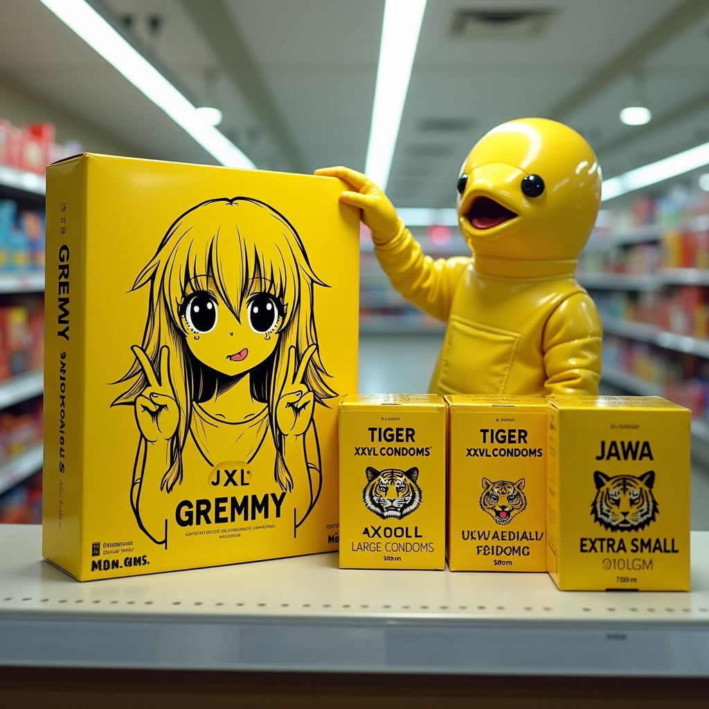 Photorealistic image of a Jawa reaching for a giant yellow condom box on a brightly lit supermarket shelf. The box displays a black line art drawing of an anime girl with dark, dripping eyes, sticking out her tongue and giving peace signs, labeled "GREMMY". Next to it are three more yellow boxes, labeled "TIGER (XXL) CONDOMS" with a tiger head logo, "AXOLOTL (LARGE) CONDOMS" with an axolotl logo, and "JAWA (EXTRA SMALL) CONDOMS" with a Jawa head logo. All boxes have "No Name" at the top. The supermarket aisle is clean and stark, with fluorescent lighting from above. The mood is humorous and slightly absurd.